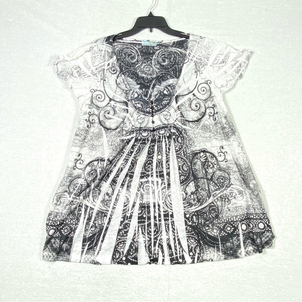ONE WORLD Boho Tunic Top Women's 2X Black White Abstract Print Stretch Sequins